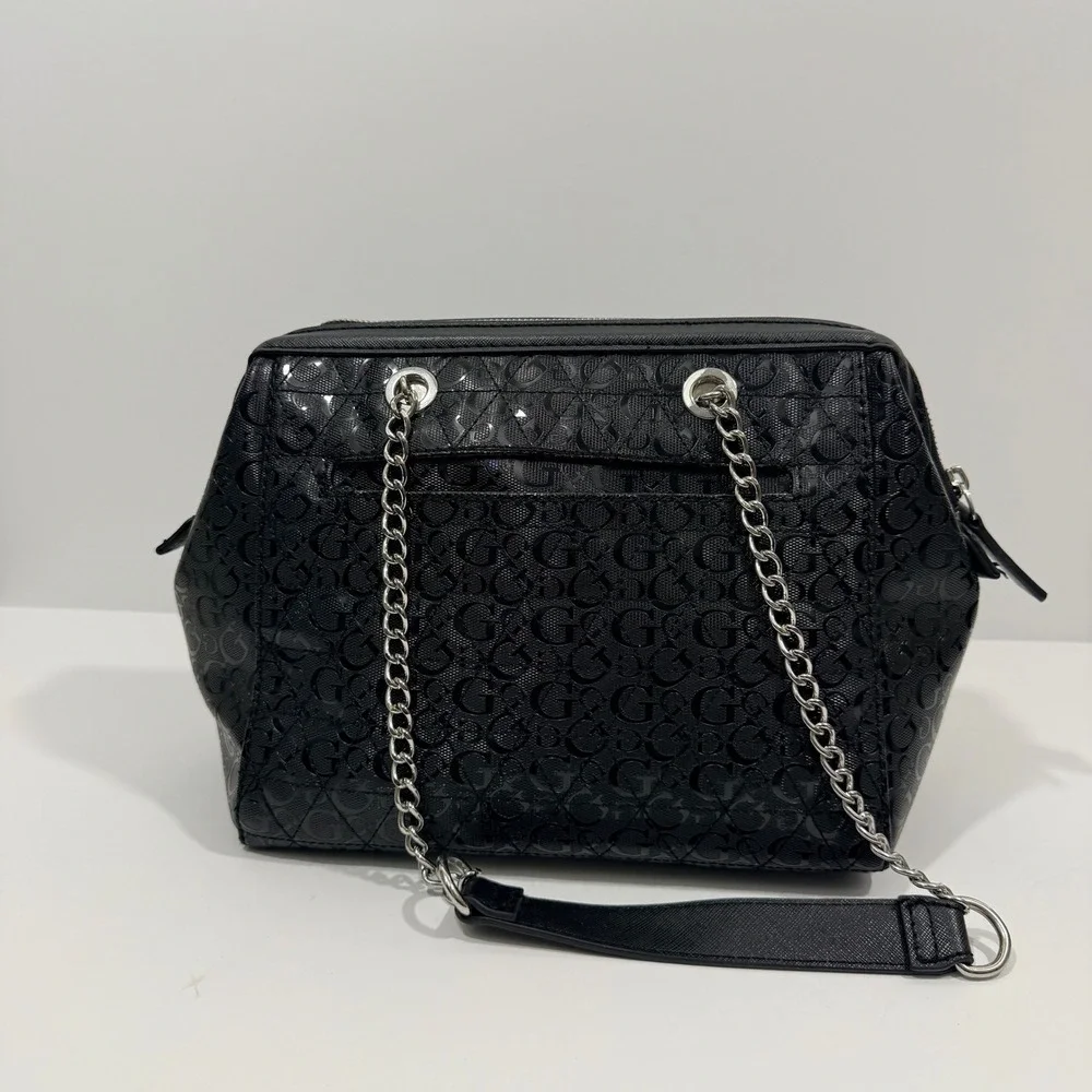 Guess Satchel Handbag Women Large Black Good Logo Embossed Chain Strap G-001